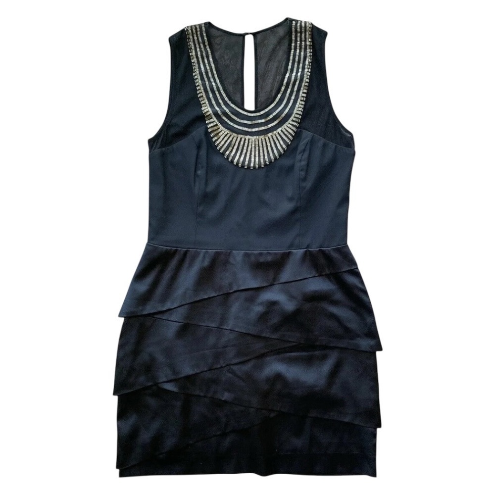 Nicole Miller Silk Beaded Tiered Sheer Panel Cocktail Dress Black Gold Size 6